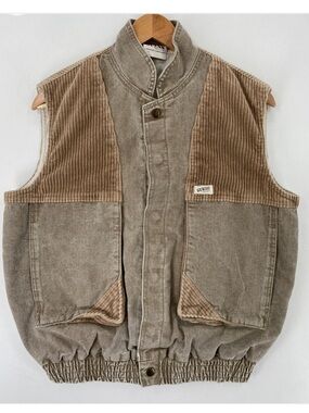 GUESS BY MARCIANO VINTAGE TWO TONE CORDUROY ACID WASH VEST-M-UNISEX-TAN-POCKETS